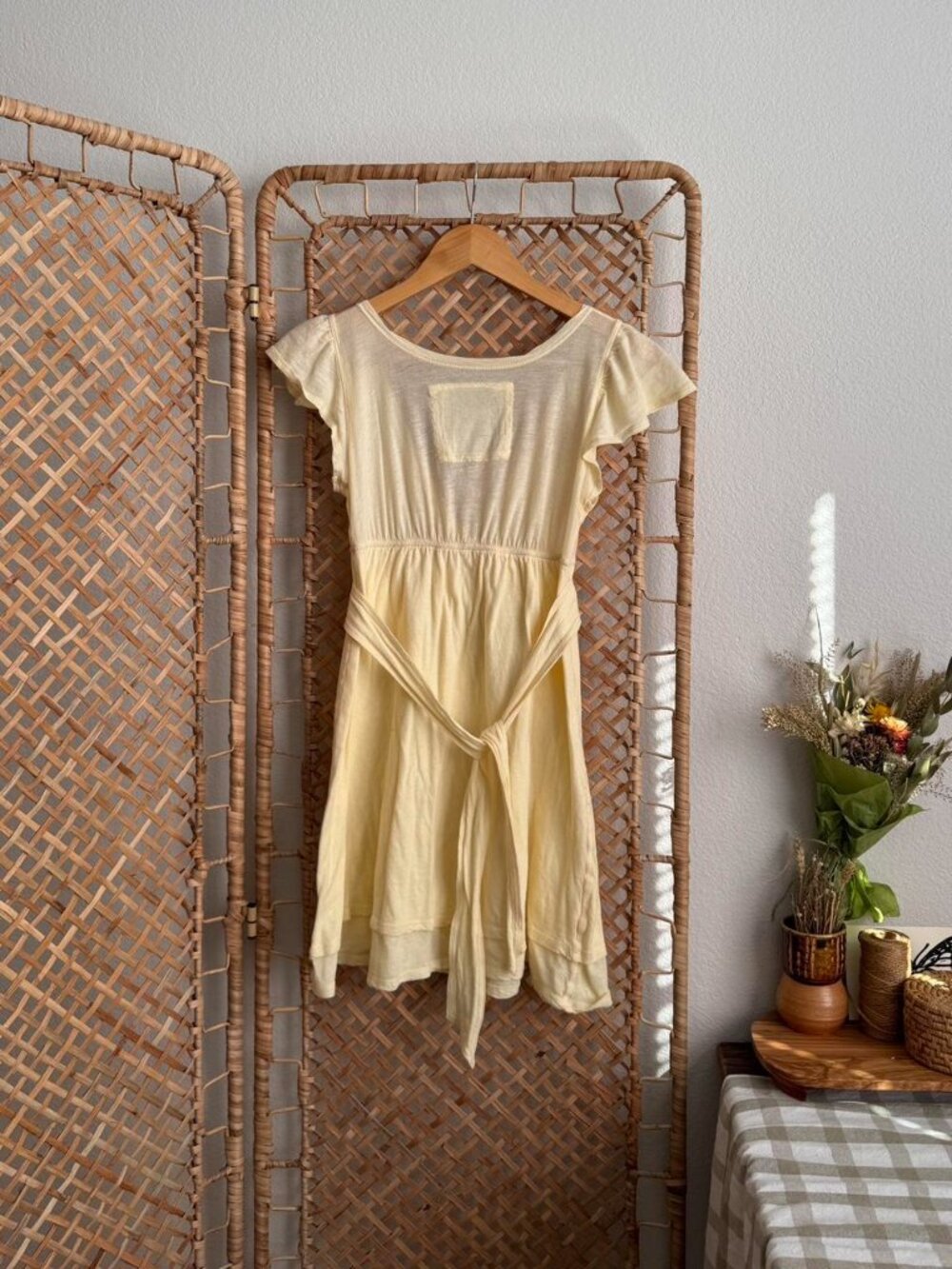 RARE Y2K Abercrombie & Fitch Butter Yellow Babydoll Tie-Back Mini Dress - Small - Picture 2 of 8